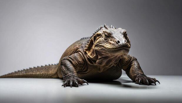A close up of a mature reptile with a rugged texture and prominent spikes, showcasing its sharp claws against a neutral backdrop. photo