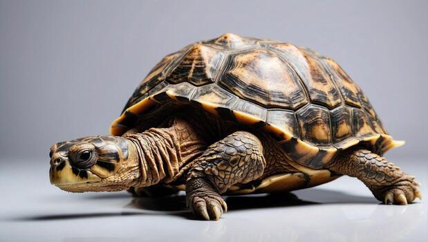 A detailed close up of a tortoise showcasing its distinctive shell patterns and textures. photo