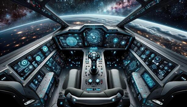 Futuristic spaceship cockpit with advanced controls and space view, showcasing modern sci fi design. photo