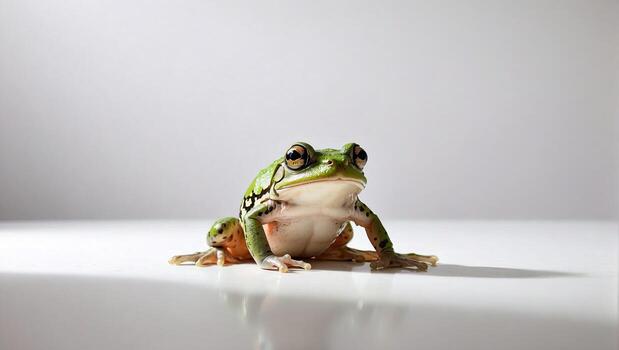 A vibrant green frog poses on a light colored surface, showcasing its distinctive patterns and curious expression. photo