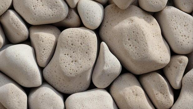 Close up of smooth, light colored stones with unique textures and shapes, creating a natural, serene appearance. photo