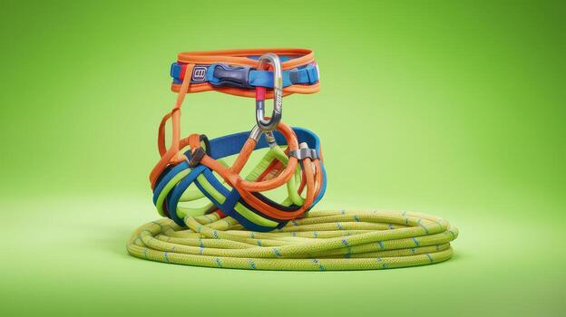 Climbing Harness and Rope Used for Rock Climbing on Green Background photo