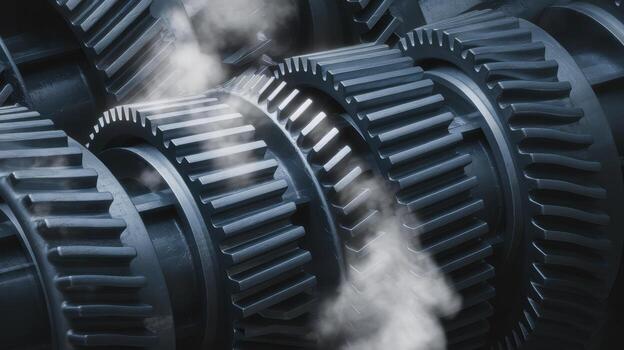 Detailed View of Gears Interlocking and Turning With Smoke Suggesting Overheating photo
