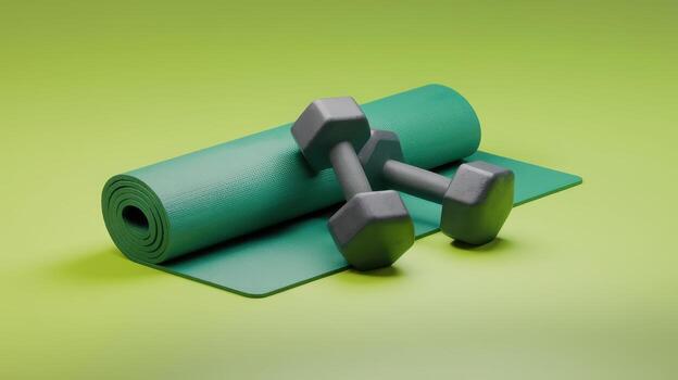 Rolled Green Yoga Mat and Gray Dumbbells on a Light Green Background photo