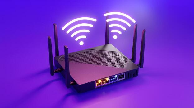 Black Router With Antennas Sending Wifi Signal on a Purple Background photo