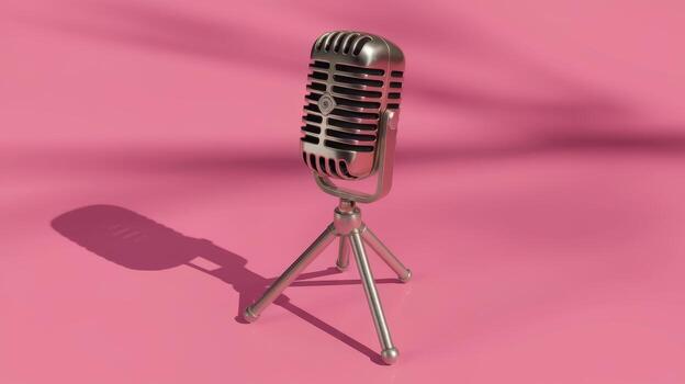 Vintage Microphone on a Tripod Stands on a Pink Background at Studio photo