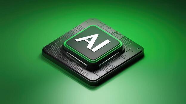 Artificial Intelligence Chip on Green Background Shows Technological Advancement photo