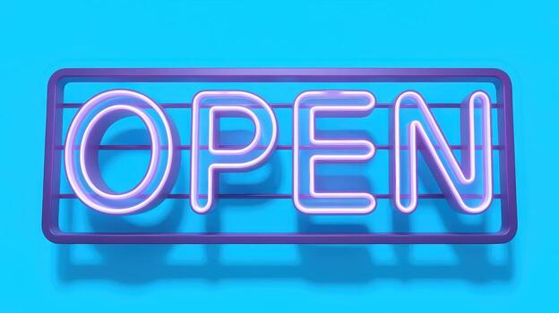 Bright Neon Sign Displays the Word Open Against a Blue Background photo