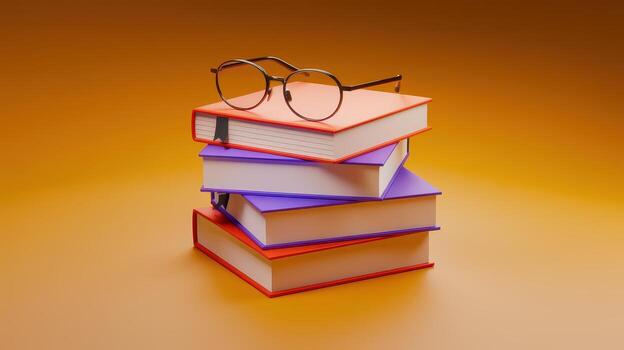 Stack of Books With Eyeglasses Resting on Top Against an Orange Background photo