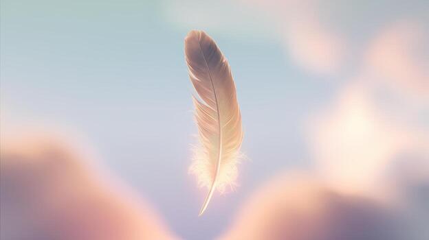 Soft Feather Drifting Slowly Against a Dreamy Sky Background photo