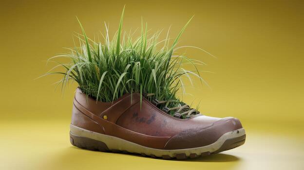 Old Boot Overflows With Lush Green Grass Against a Yellow Background photo