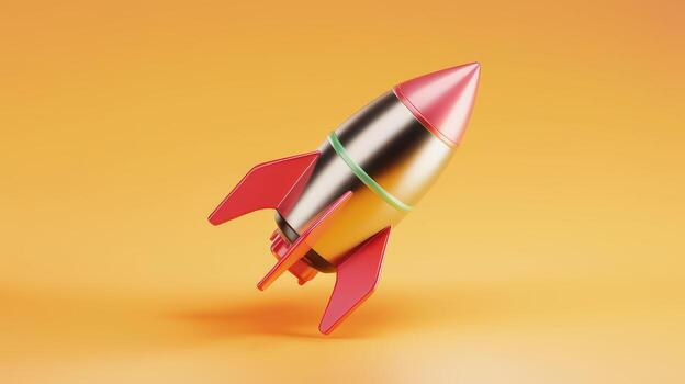 Shiny Metal Rocket Ship on a Plain Orange Background, Ready for Launch photo