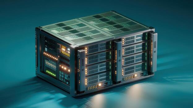 Data Center Server Equipment Shows Indicators on a Blue Background Indoors photo