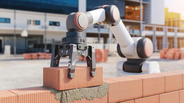 Robotic Arm Placing a Brick During Building Construction on a Sunny Day photo