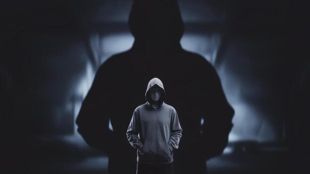 Man in Hooded Sweatshirt Stands Before Ominous Shadow Figure photo
