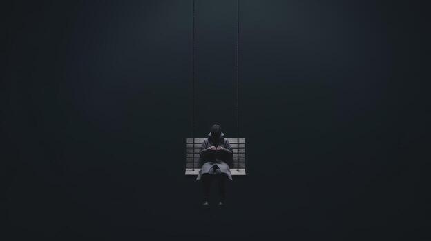 Lonely Figure Sits on a Swing in Darkness Examining Small Object photo