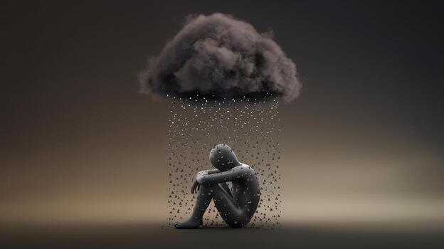 Depressed Person Sits Under Raining Cloud Representing Mental Health Issues photo