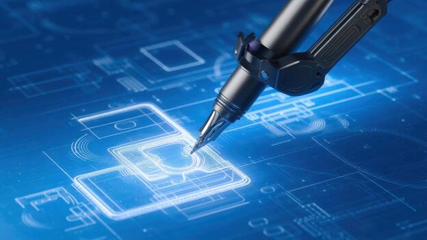 Close-up of Digital Pen Drawing Blueprint on Blue Background Design Table photo