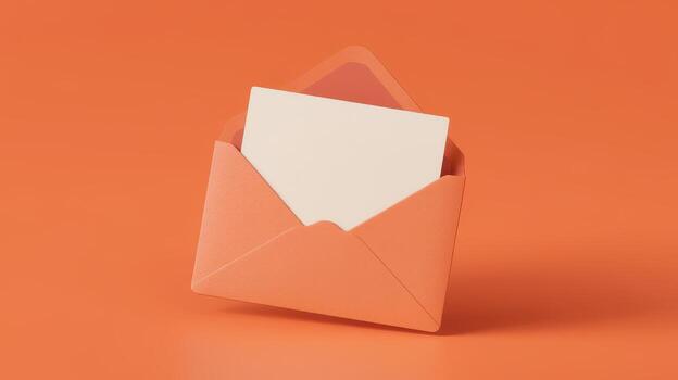 Open Coral Envelope With Blank Card on Plain Orange Background photo