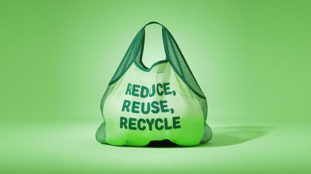 Green Reuse Bag Says Reduce, Reuse, Recycle on a Green Background photo