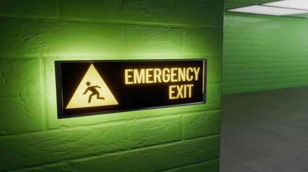 Illuminated Emergency Exit Sign on Green Brick Wall in the Building photo