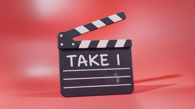 Black and White Clapperboard With Take 1 Written on It Against a Red Backdrop photo