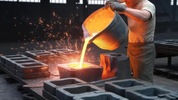 Pouring Molten Metal Into Molds During a Foundry Casting Process photo