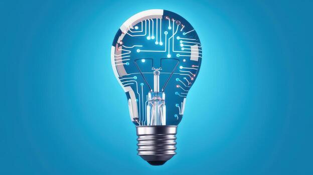 Light Bulb With Integrated Circuit on a Light Blue Background Represents Technology photo