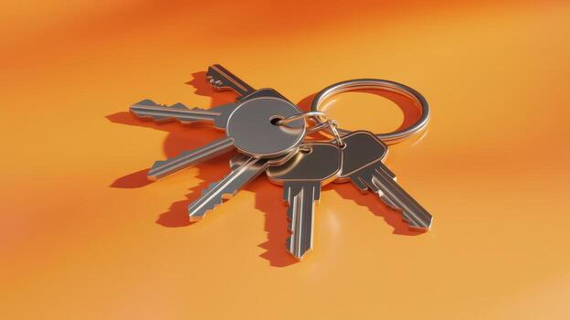 Bunch of Shiny Keys on a Metal Ring Resting on Orange Background photo
