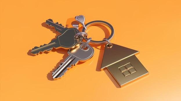 Keys With House Keychain Lying on a Bright Orange Surface in the Studio photo