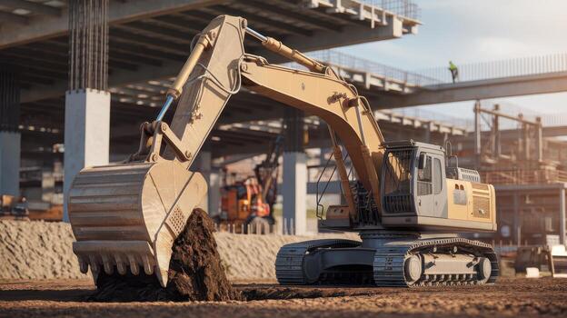 Excavator Digging at a Construction Site on a Sunny Afternoon photo