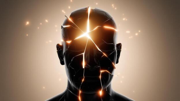 Human Head With Cracks and Light Emanating, Portraying Mental Stress and Breakdown photo