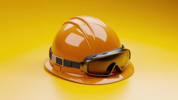 Orange Hard Hat With Goggles Resting on Bright Yellow Surface photo