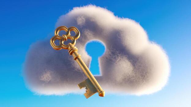 Gold Key to Cloud Security Concept Against Blue Sky Background photo