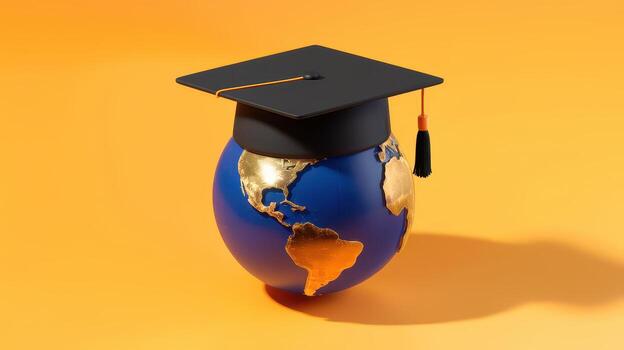 Globe Wearing Mortarboard Cap on Orange Background Representing Global Education photo