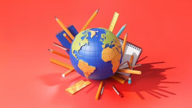 World Globe With School Supplies Against a Red Background in Studio Shot photo