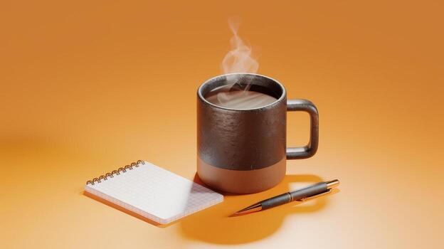 Hot Coffee, Notebook, and Pen on a Orange Background for Writing or Studying photo