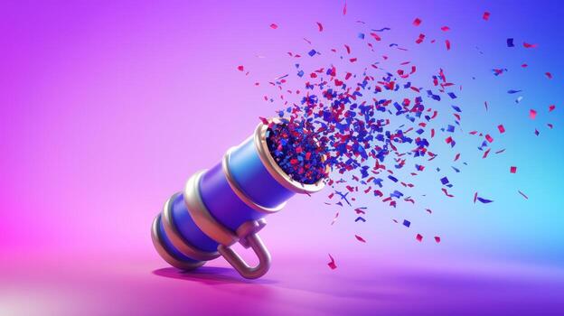 Celebration Cannon Bursts With Colorful Confetti Against Gradient Background photo