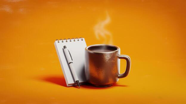 Morning Beverage on Orange Background With Notebook and Writing Instrument for Writing photo
