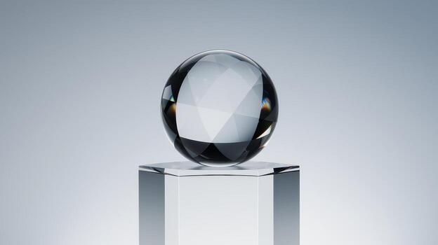 cristal pelota descansando en un claro, angular pedestal en ligero gris antecedentes foto