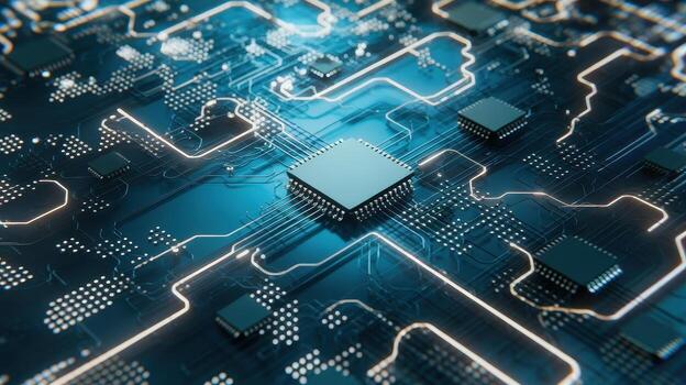 cerca arriba muestra azul computadora circuito tablero con chip y brillante líneas foto
