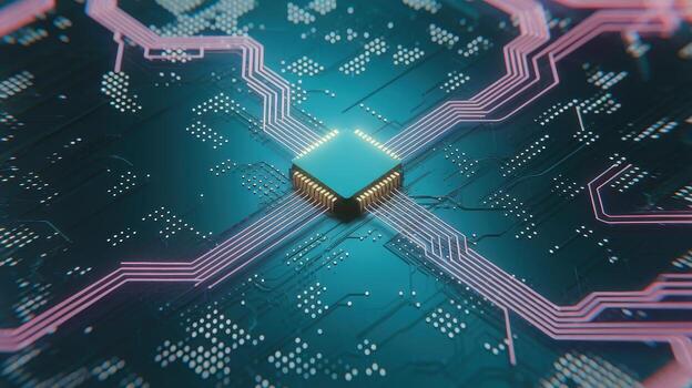 Computer Chip Processor on Motherboard With Circuit Connections Glowing Pink photo