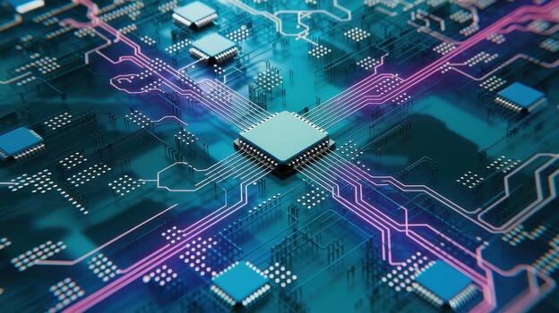 Detailed View of a Teal and Purple Computer Central Processing Unit photo