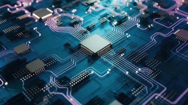 Close up of a Detailed Computer Circuit Board With Integrated Chips photo