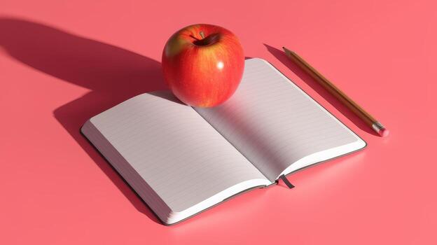 Red Apple On Open Notebook With Pencil On Pink Surface photo