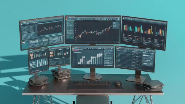 Stock Market Analysis With Multiple Screens Showing Stock Charts and Financial Data photo