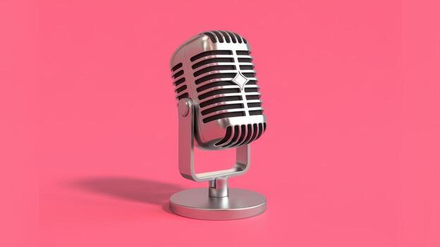 Vintage Microphone Stands Against Bright Pink Backdrop in Studio Setting photo