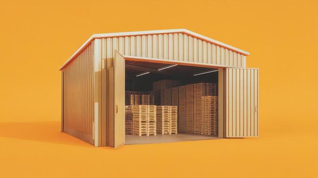 Industrial Building With Wooden Pallets Inside on a Solid Color Background photo