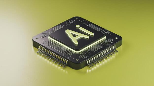 Artificial Intelligence Chip Glowing on a Yellow Surface With Intricate Details photo