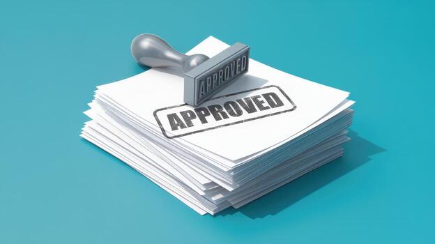 Paper Stack With an Approval Stamp on a Bright Blue Background photo